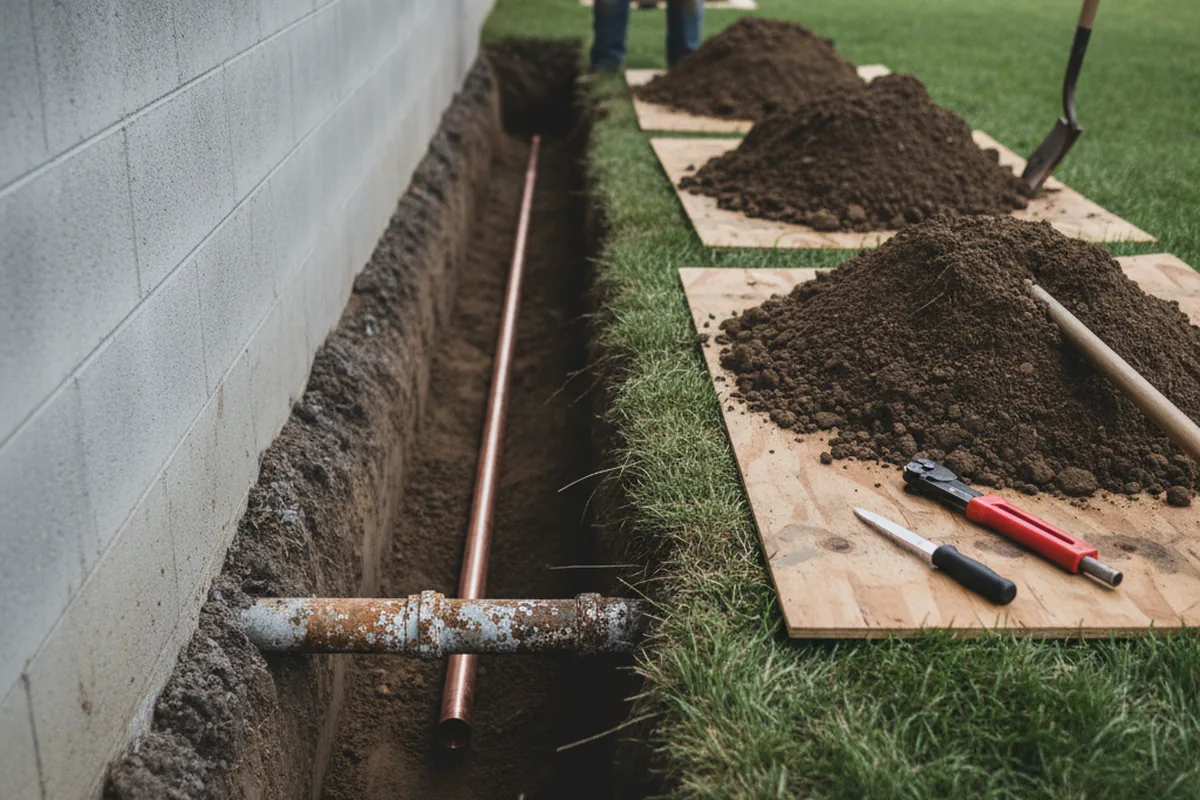 Excavated water line trench during Sewer Line Repair in Five Points